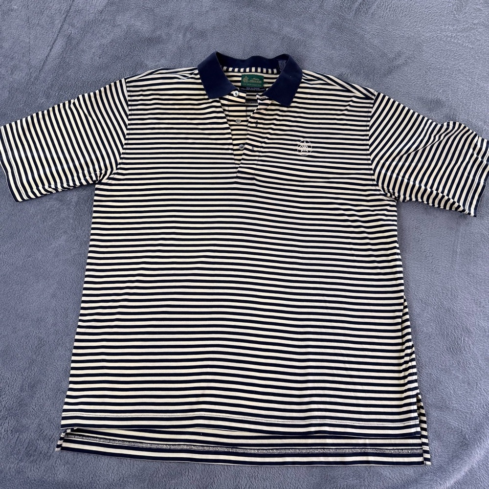Atlanta Athletic Club Mens Shirt Large Beige Striped Polo Short Sleeve Cotton